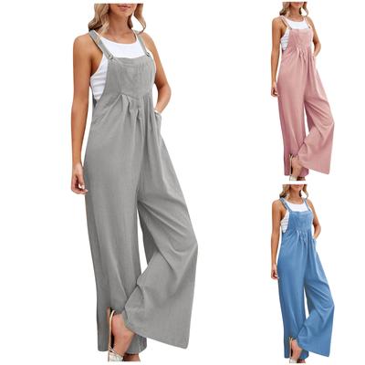Women's Fashion Casual Loose Sleeveless Vest Square Neck Pleated Wide Leg One-Piece Belt Pocket