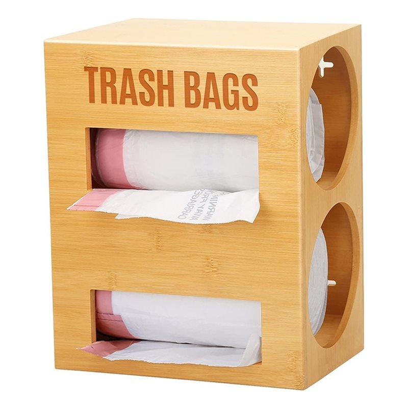 

ABWR-Bamboo Dual Roll Trash Bag Dispenser Wall Mount Or Free Standing Design, Grocery Bag Holder Fit For 13 To 33 Gallon Rolls