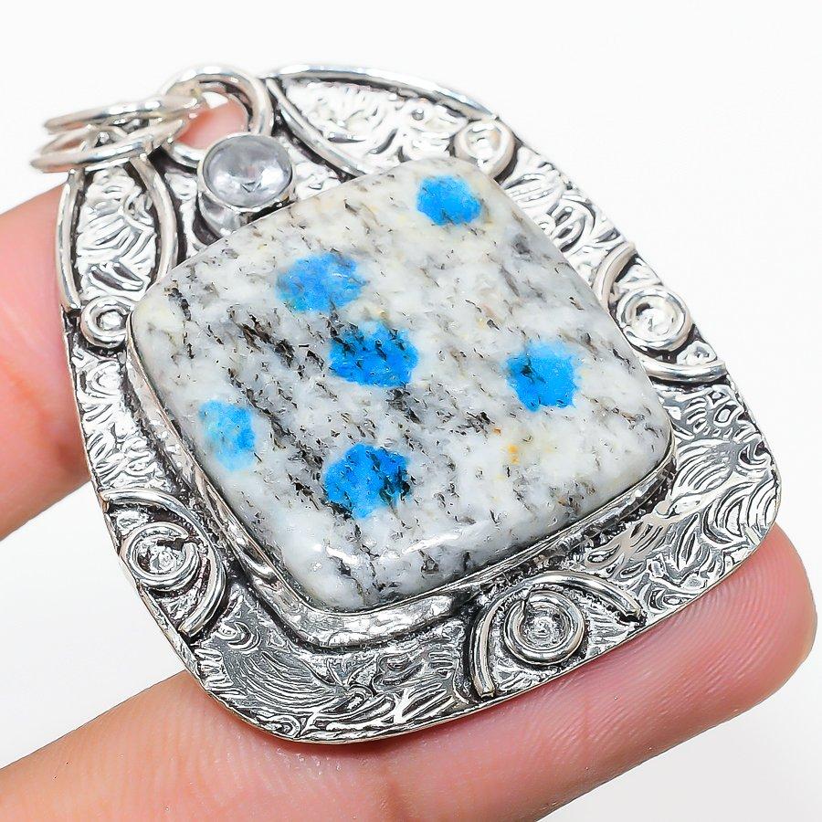 

Natural K2 Blue Azurite, White Topaz 925 Sterling Silver Pendant 2.17 h5H91