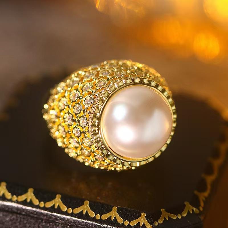 Copper-Plated Gold-Studded Diamond Pearl Open Ring Ring Ring Women'S Personality Simple High-End Hand Jewelry
