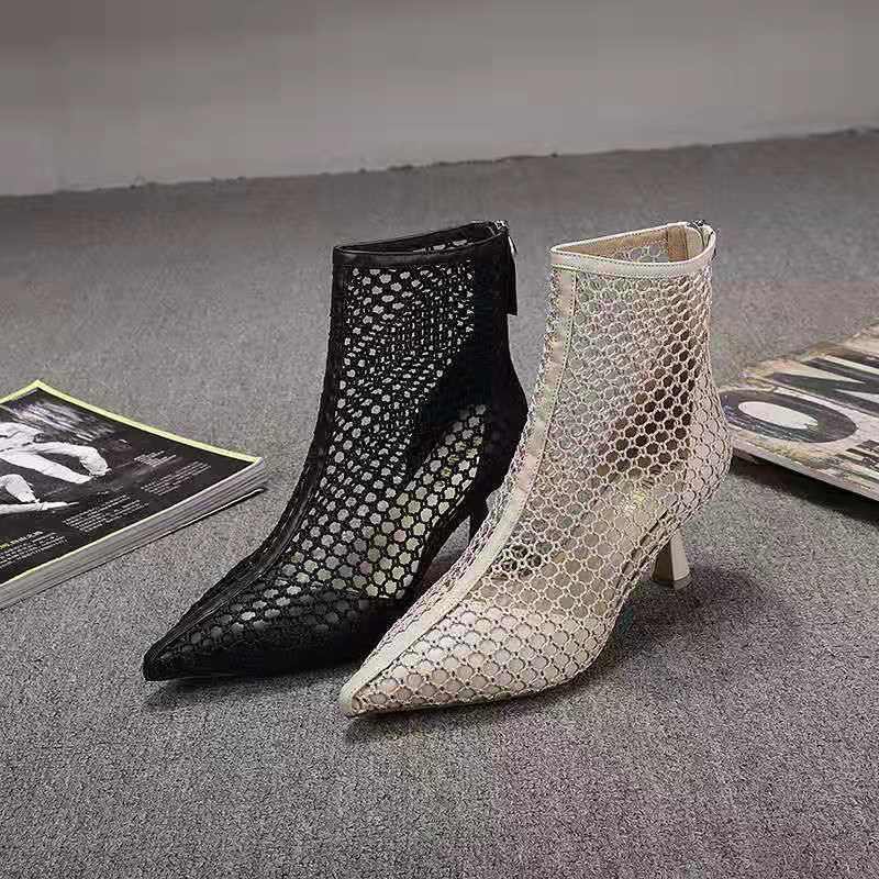 Fashion Europea Style Women Mesh Shoes,Booties,Sexy Hollow Out Sandals Boots,Summer Heels,Pointed toe,Back Zip,Black,Apricot,Dropship