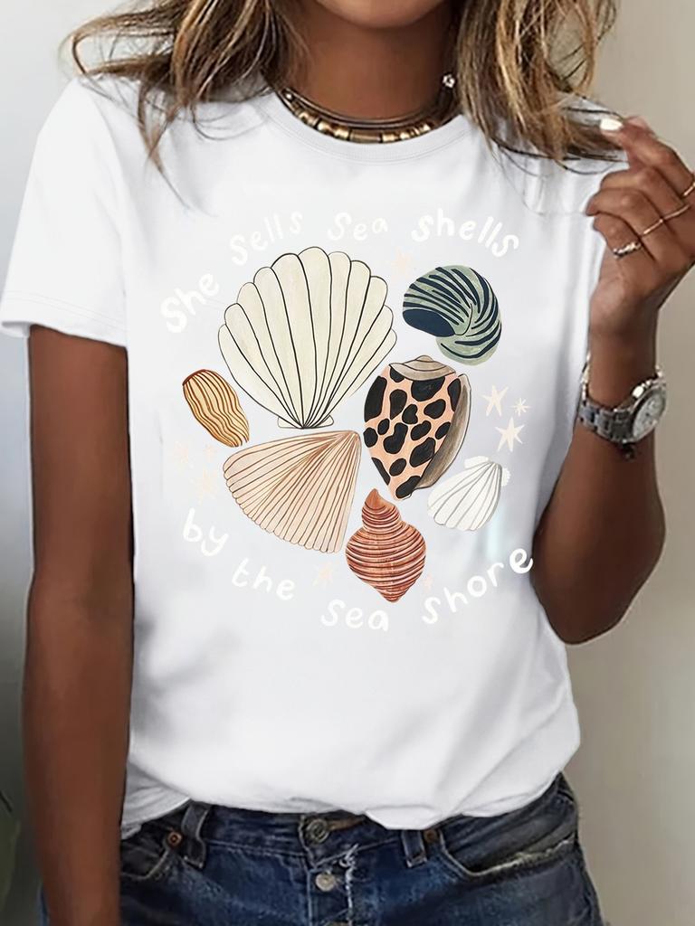 She Sells Sea Shells By The Sea Shore Print Women T Shirt Casual Short Sleeve Crew Neck Summer Beach Graphic Tees