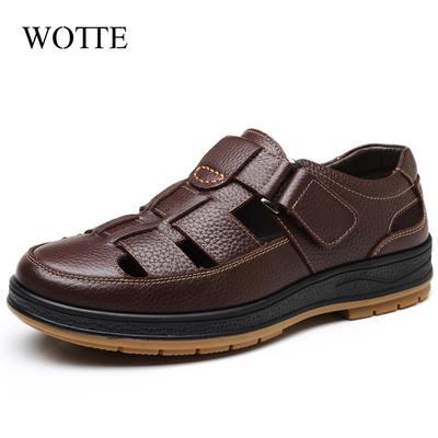WOTTE Classic Sandals Men Genuine Leather sandaliasHollow Out Casual Shoes Comfortable Solid Outdoor Mens Shoes Zapatos Hombre