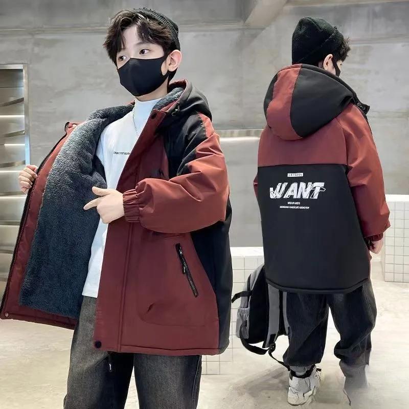 

Зимняя одежда для мальчиков, хлопковая куртка с плюшевой подкладкой, детские зимние утолщенные куртки для мальчиков 160 красный