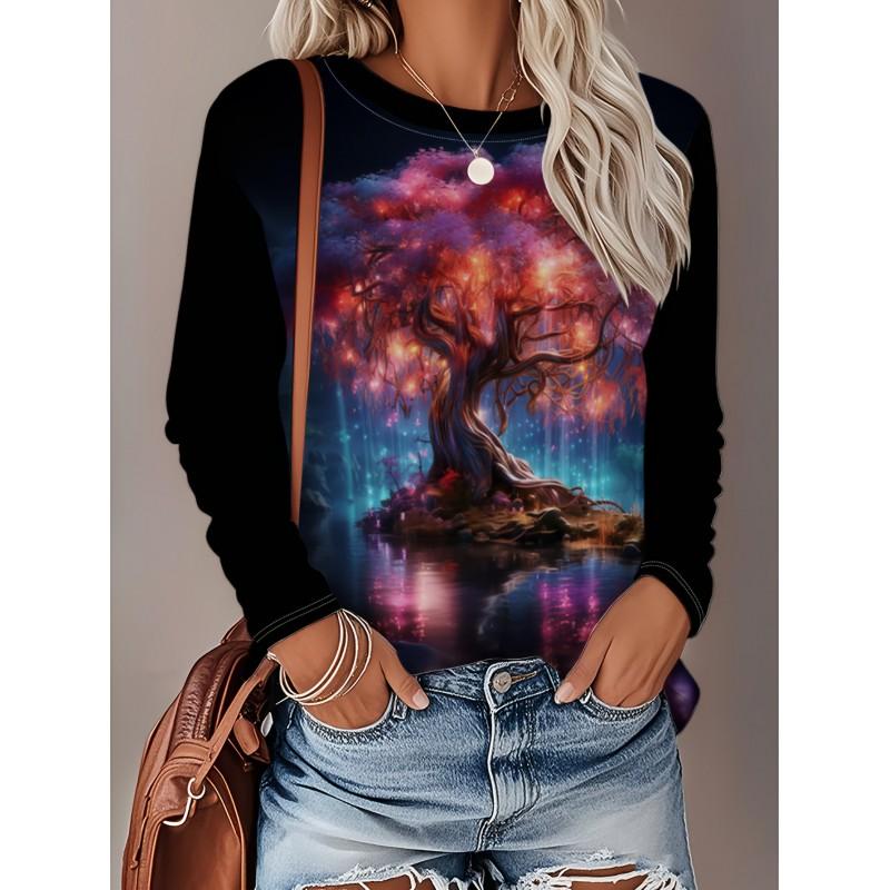 Womens Loose Fit Long Sleeve Round Neck Tee With 3D Peacock Cat Print - Milk Silk Fabric 2025 Casual Top