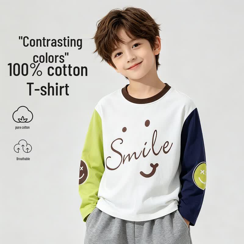 Boys' Smile Graphic Contrast Cotton Long-Sleeve T-Shirt