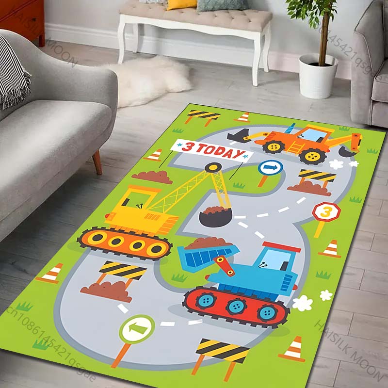 Cartoon Baumaschine Teppich für Wohnzimmer Schlafzimmer Sofa Kreative Fußmatte Heimdeko Bereich Robuster Rutschfester Teppich Große Größe