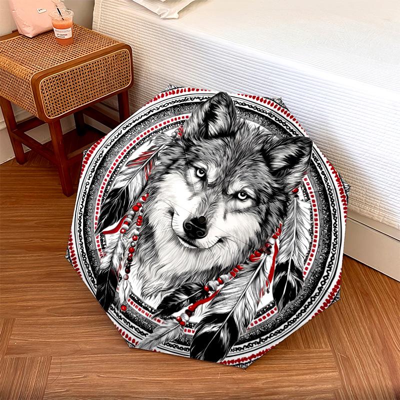 Indian - Style Wolf Pattern, Automatic Folding Umbrella, Portable and Foldable Design, 8 Ribs, a Christmas or Birthday Gift.
