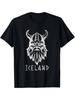 S Wikinger Island Nordischer Krieger Unisex T-Shirt - Schwarz Weiß Wikinger Gehörnter Helm Rune Island Karte Druck, Kräftiger ICELAND Text, Ganzjahres Freizeit Maschinen