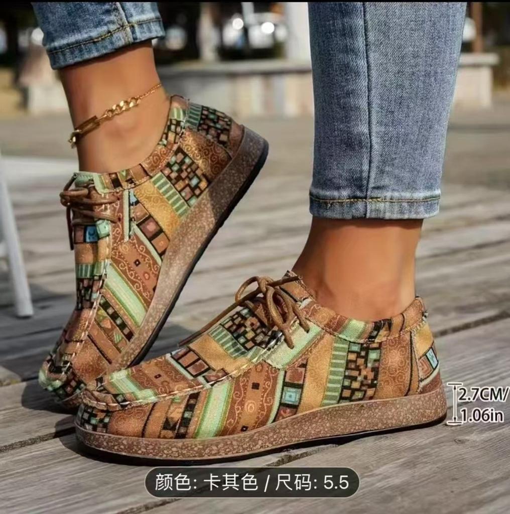 Großformatige Ethnische Stil Freizeit-Flachschuhe – Bunte Schnür-Graffiti Low-Top Canvas-Schuhe mit Holzmaserung Dicke Sohle für Damen