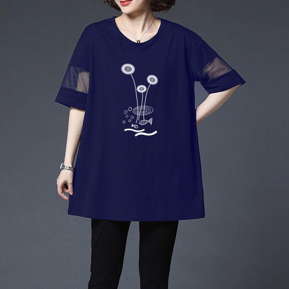 Mittleres und langes Oberteil zum Bedecken des Bauchs, kurzärmeliges Sommer-T-Shirt mit Netz-Patchwork für Mütter mittleren Alters und lockeres, großes, schmales Oberteil