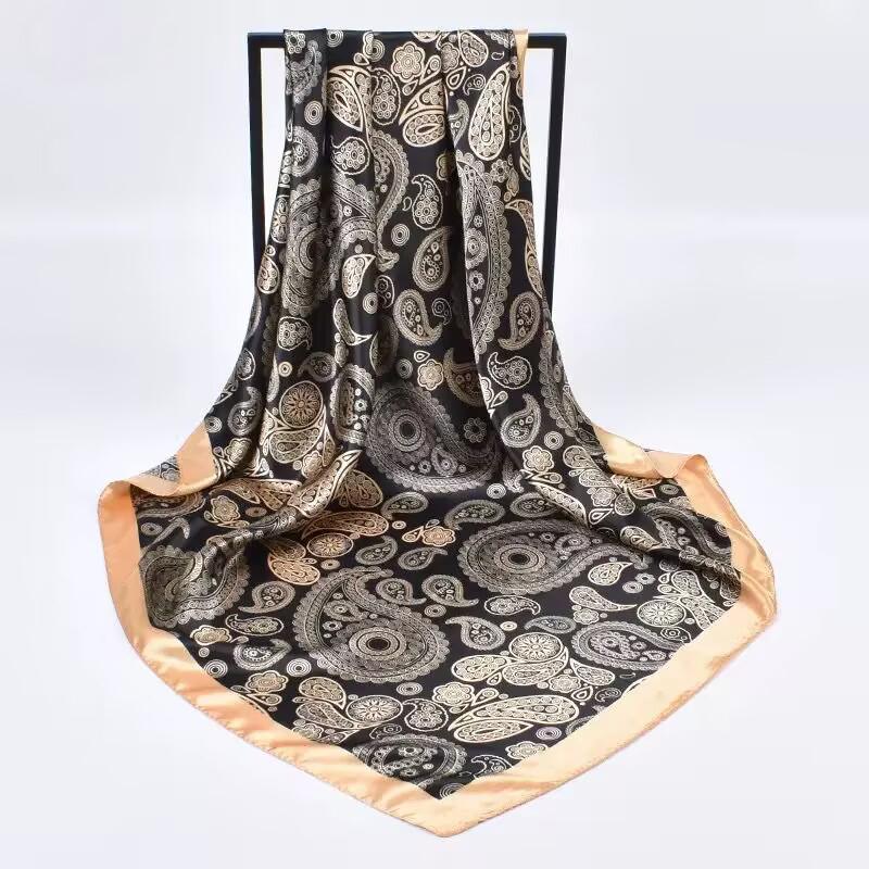 

Роскошный квадратный шелковый шарф с клетчатым принтом для женщин, хиджаб, резинки для волос, 90 см, шейный платок, женская атласная шаль, лента, повязка на голову 90x90cm