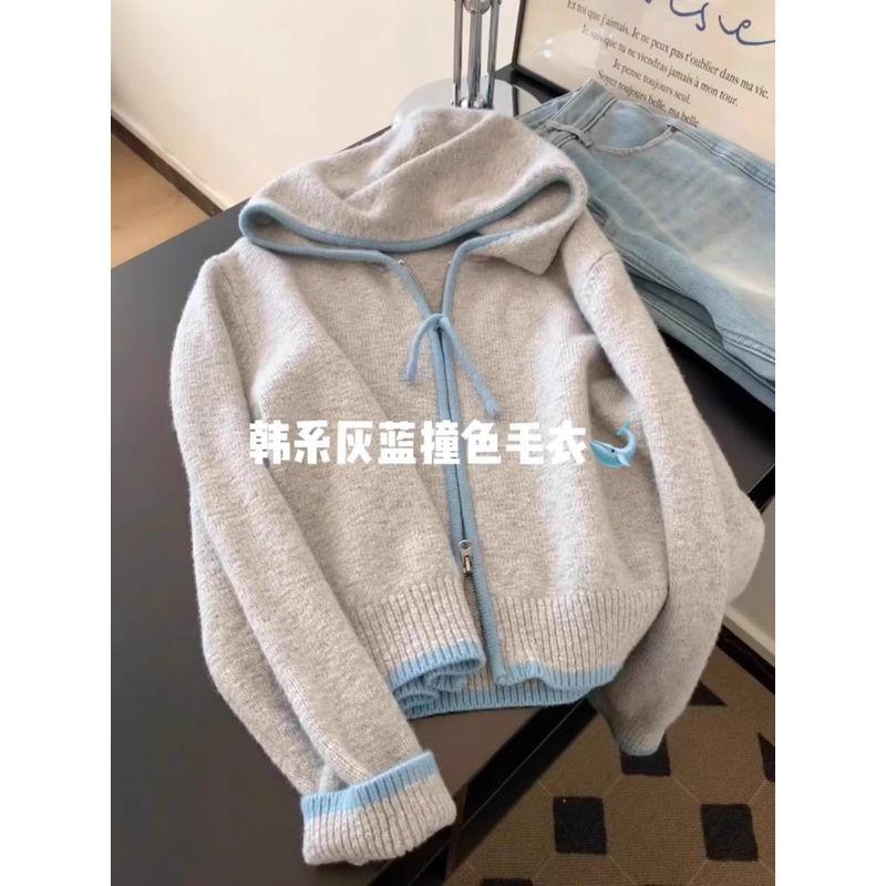 

European Goods Hooded Knit Cardigan Female Fancy 2025 Fall and Winter New Arrival Contrast Color Zipper Casual Soft Glutinous Sweater Top Gray Blue 2XL