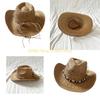 49MD Handwoven Straw Hat Sun Protective Hat Roll Brim Straw Hat with Seashells Belt