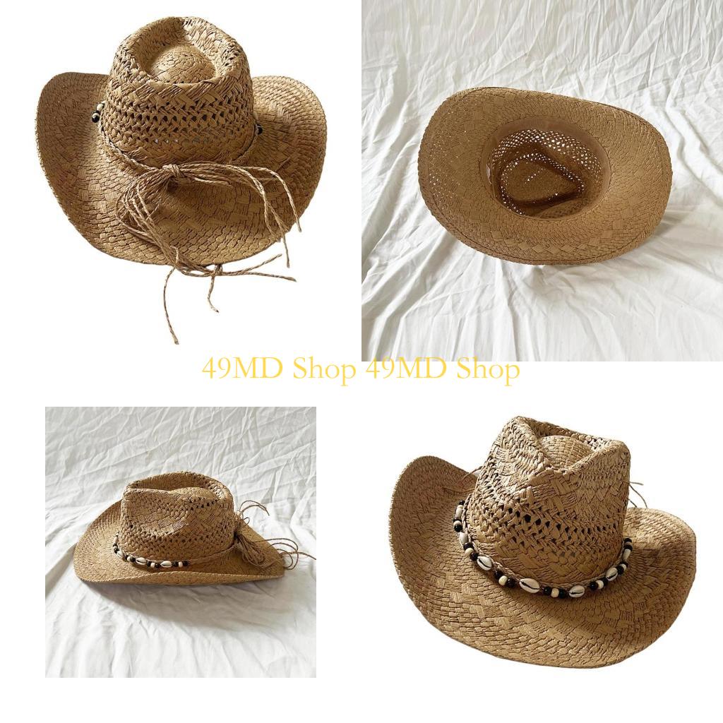 49MD Handwoven Straw Hat Sun Protective Hat Roll Brim Straw Hat with Seashells Belt