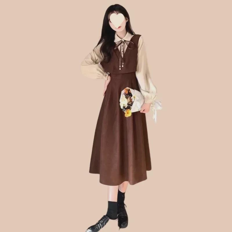 Langärmliges Kleid im koreanischen Stil für Damen, Frühling/Herbst, College-Stil, Übergröße, taillenschlank machend, zweiteiliger Look, altersreduzierend, gespleißter langer Rock