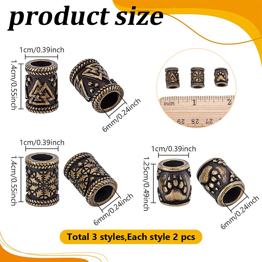 6 Stück 3 Stile 304 Edelstahl Europäische Perlen Perlen mit großem Loch Säule mit Bärenpfotenabdruck & Helm des Schreckens & Valknut Antik Bronze 12~14x10mm