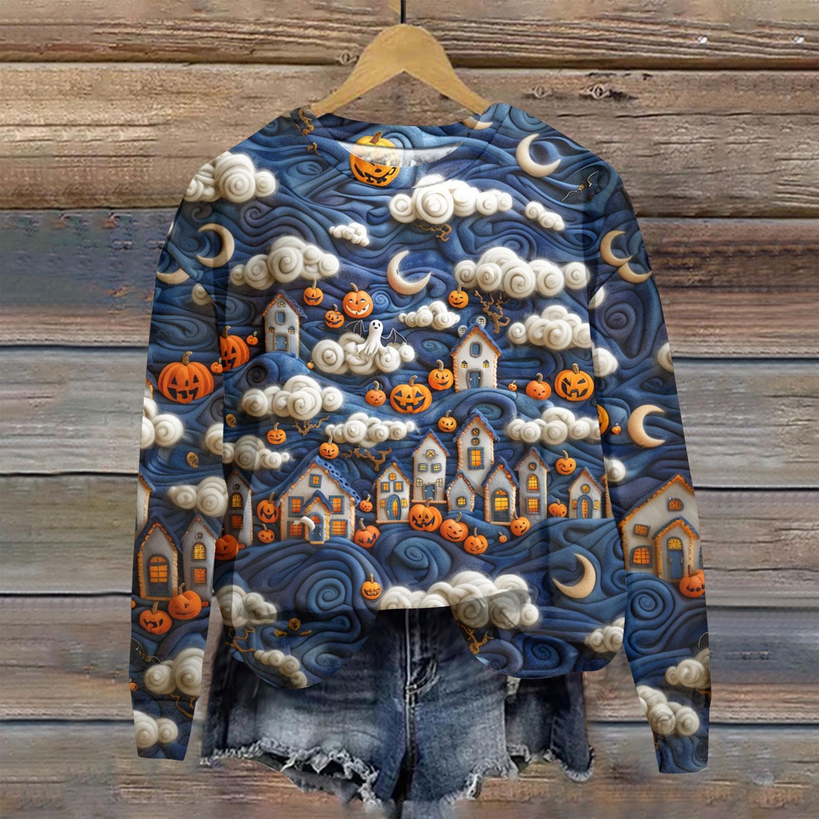 

Женский осенне-зимний топ с круглым вырезом и длинными рукавами, милый свитер-пуловер с принтом 3D на тему Хэллоуина XXXL