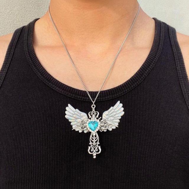 Elegant Gothic Y2k Cross Necklace With Olink Chain And Unique Angel Design Wing