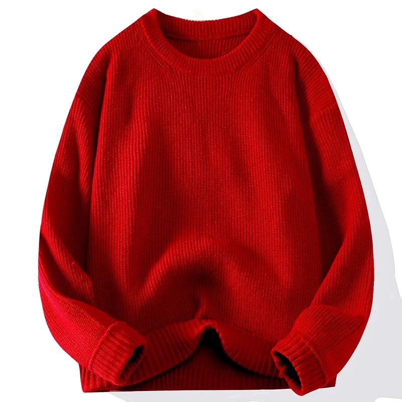 Men's Crew Neck Sweater Solid Color Trend Thickened Knitwear Autumn and Winter Casual Warm Sweater Men's Long Sleeve Vest