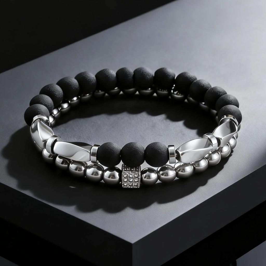 2ps Fashion Bracelet Set for Men Natural Agate Hematite Beaded Chain Bangle Luxury High Quality Jewelry Gift