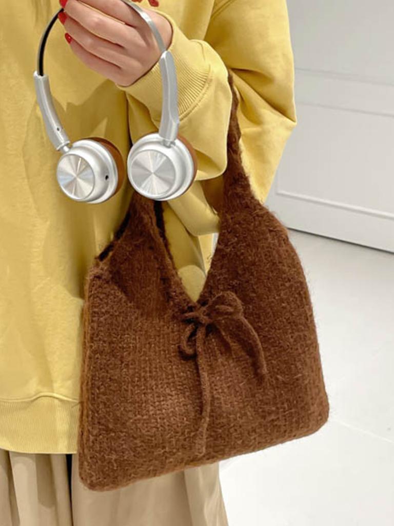 Autumn Winter Red Knitted Shoulder Bags Women's Korean Style Large Capacity Bow Knot Underarm Bag Solid Color Versatile Handbags