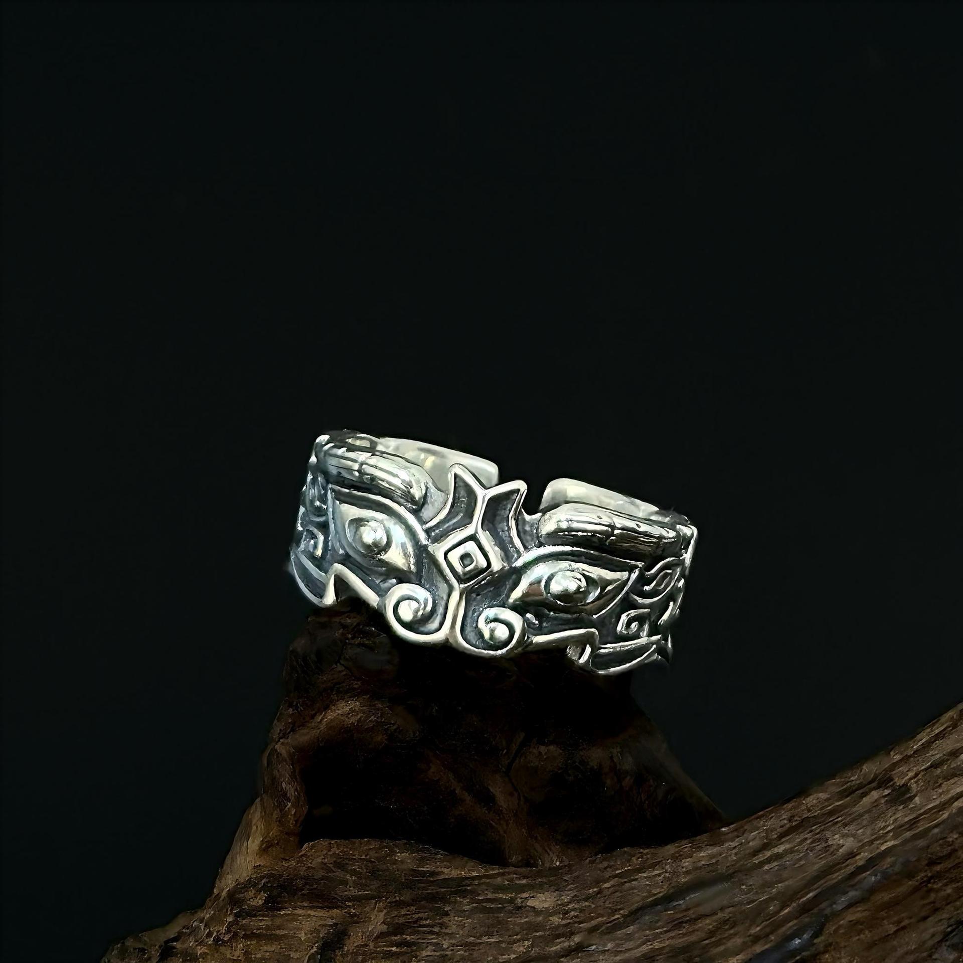 Adjustable S925 Sterling Silver Taotie Ring: Retro Ethnic Style with Lucky Beast Design, Unisex