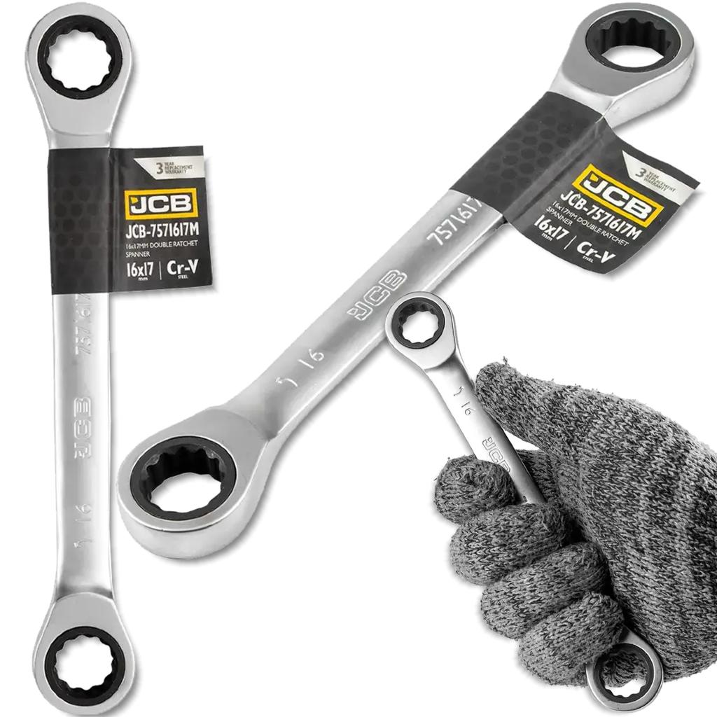 JCB Double-ended Ratchet Ring Spanner 16x17mm Cr-V 12-point