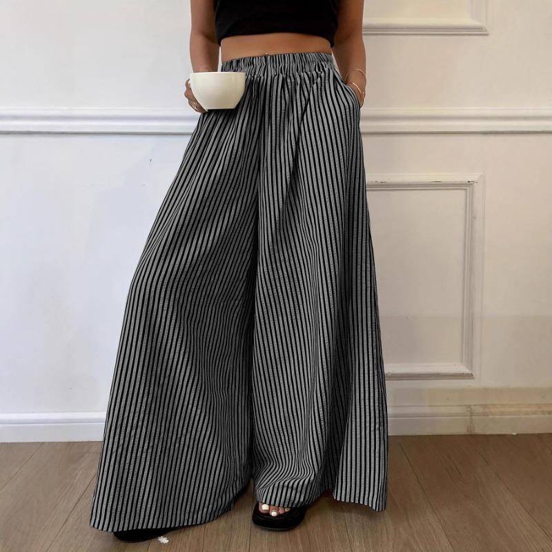 Womens Striped Elastic Waist Wide Leg Pants Lazy Casual Trousers S чёрный/серый