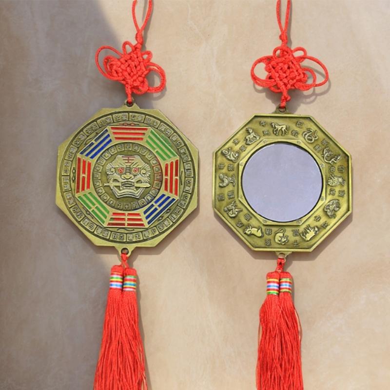 Fengshui Bagua Mirror for Home Protective and Positive Energy with Lion Biting Swords Chinese Knots Tassels Ornament