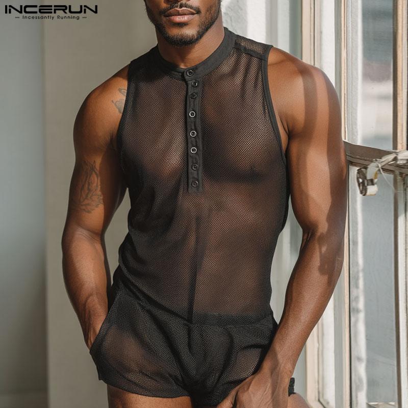 INCERUN Men Sleeveless Hollow See Through Transparent Underwear Jumpsuits Bodysuits