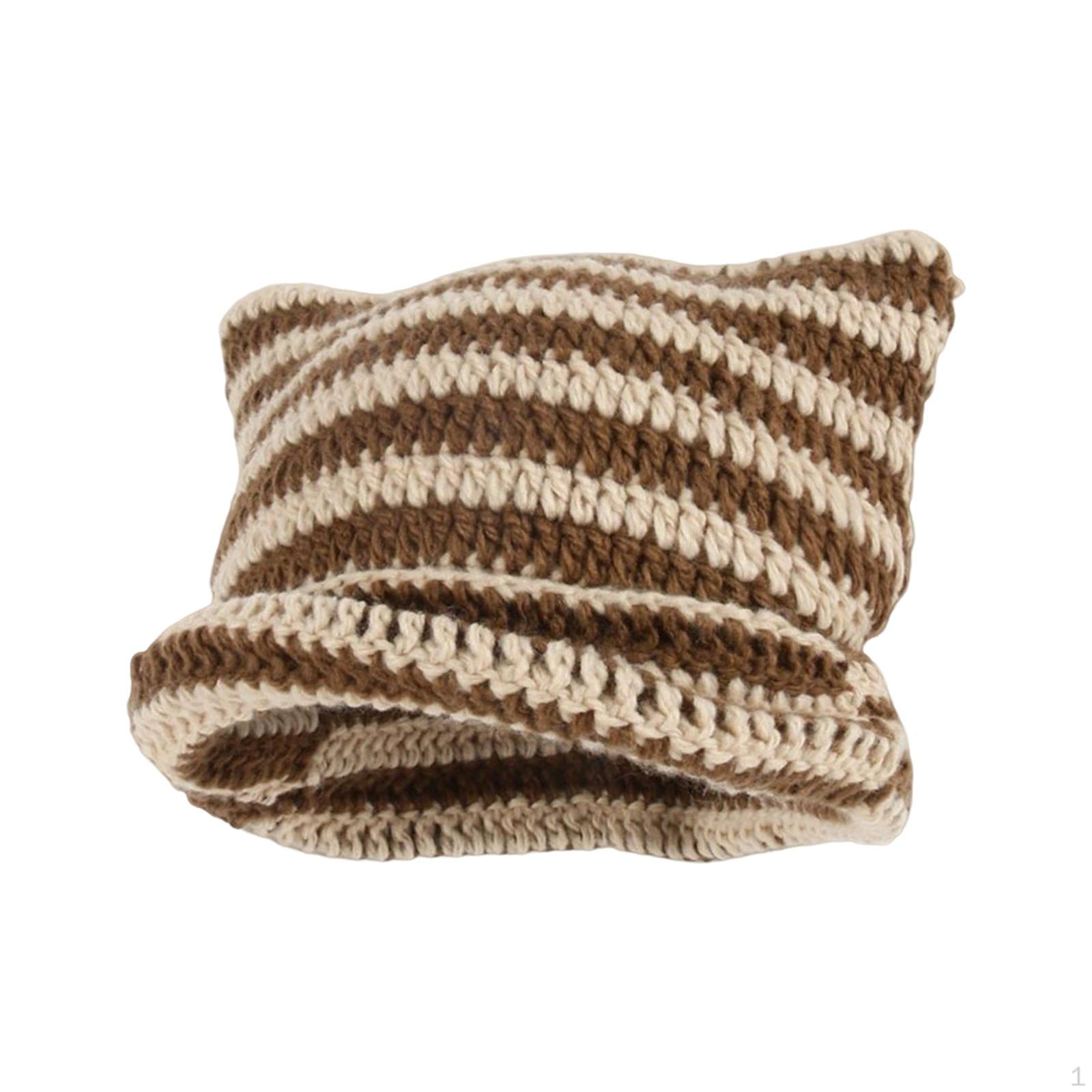 

Cat Ear Crochet Hat Knit Cap Retro Style Accessories Handmade for Female Coffee and Beige