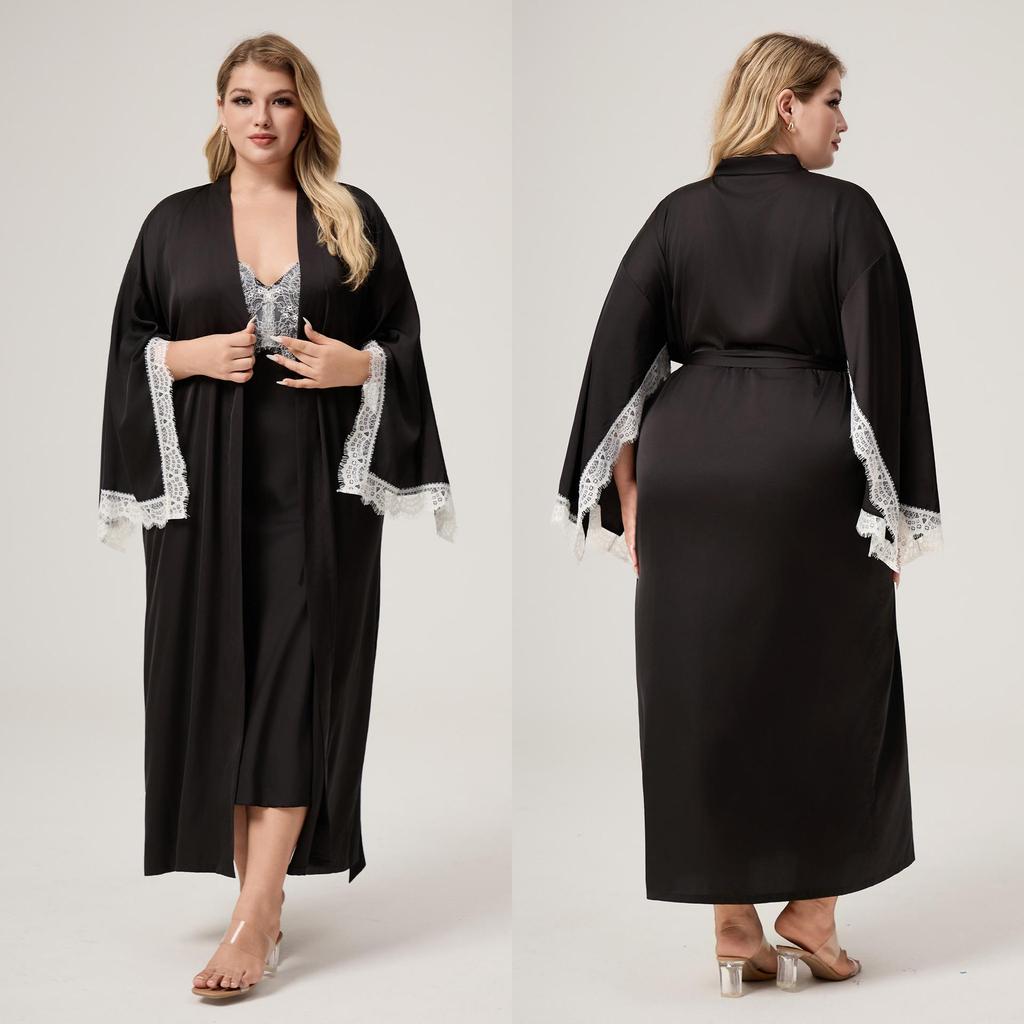 Yaoting Satäng Chiffong Spetskantad Damrock - Långärmad, Stor Storlek, Vår/Höst Pyjamas, CP3820