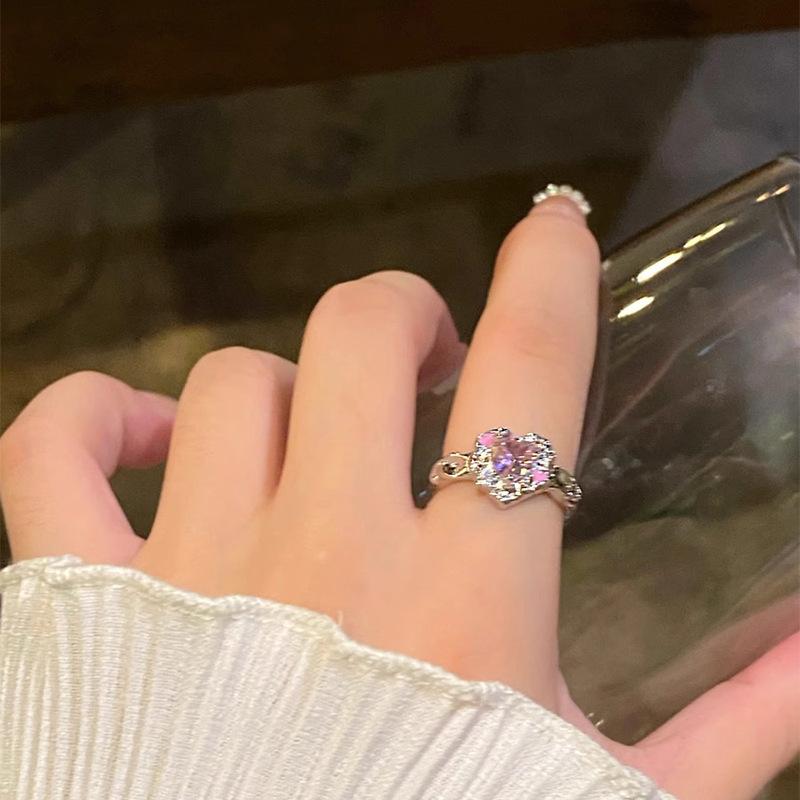 Light Luxury Heart-Shaped Zircon Ring Opening Design Female Sweet Cool Versatile Personalized Ring Niche High-End Fashionable