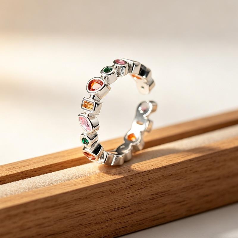 Colorful Diamond Square Waterdrop Elegantly Simple 925 Sterling Silver Jewelry Zircon Geometric Round Opening Rings 02901