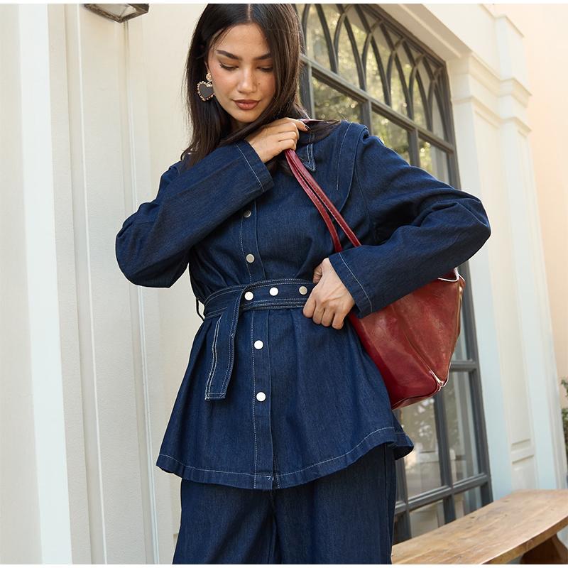 Denim Pants Set Women Belt Lapel Buttons Shirt High Waist Wide Leg Trousers Sets Lady Vintage Single Breasted Top Suit Female