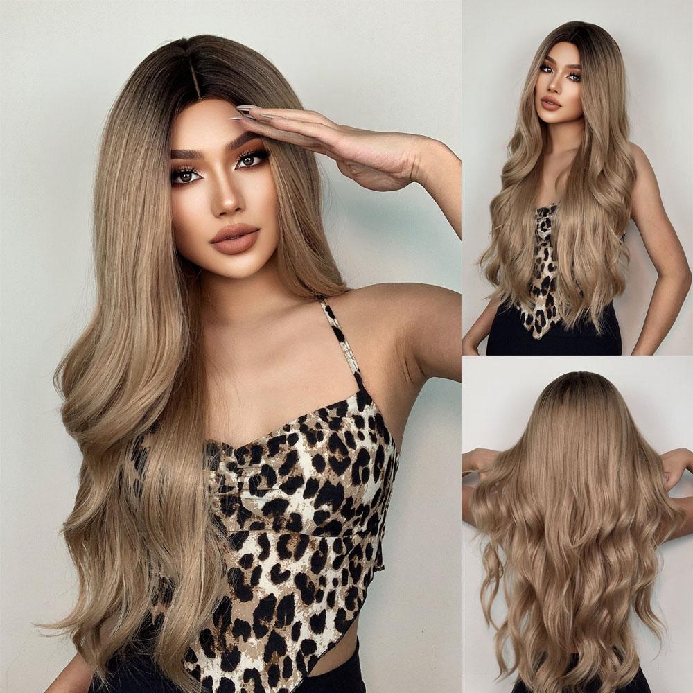 HENRY MARGU Dlouhá střední část Vlnitá syntetická paruka pro ženy Ombre Šedá Světle popelavá Blond Paruky Tmavé kořeny Umělé vlasy při vysoké teplotě