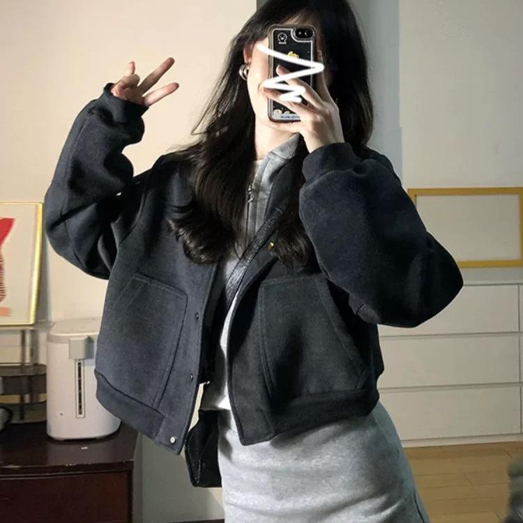 Women's Crew Neck Long Sleeve Cropped Jacket Regular Fit Korean Vintage Single Breasted Pocket Baseball Outerwear Polyester Casual Coat