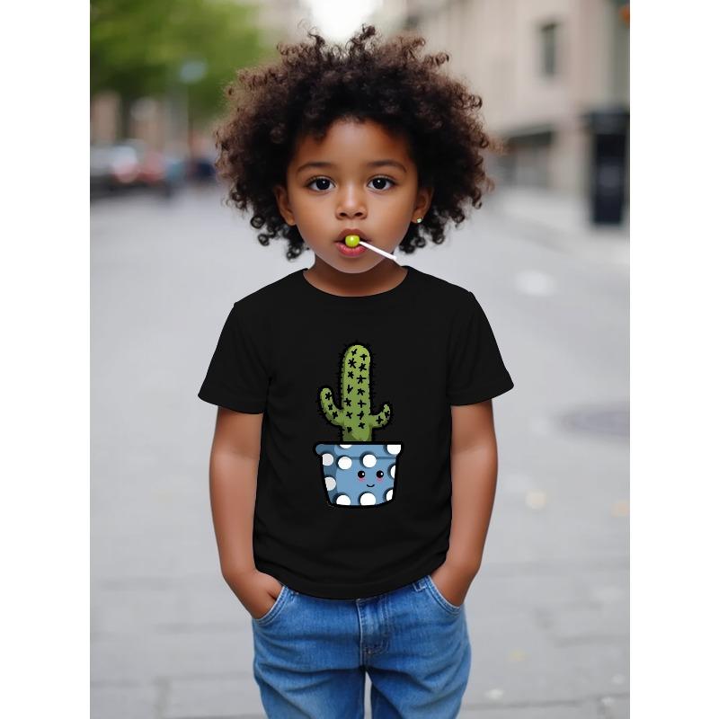 European Size Boys Round-neck Short-sleeved T-shirt with Cartoon Cactus Pattern Print 98cm