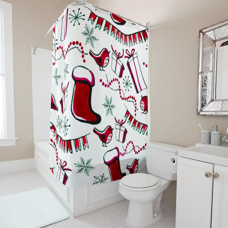 Tu Christmas Shower Curtain Festive Holiday Decor Waterproof Bathroom Set Xmas Pattern Backdrop