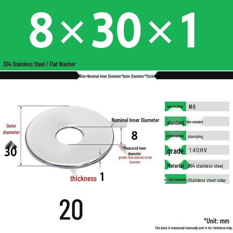 304 Stainless Steel Thickened Flat Washer Set, Sizes 2-36