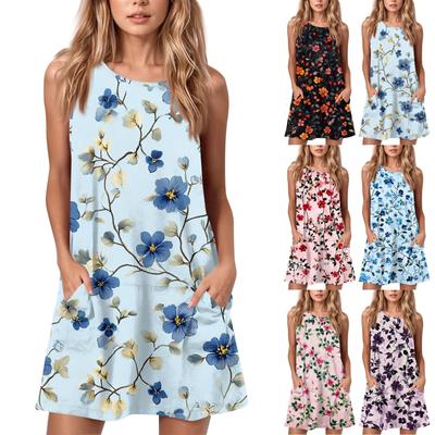 Damen Sommer Casual Rundhals Bedrucktes Kleid Ärmelloses Kleid mit Taschen