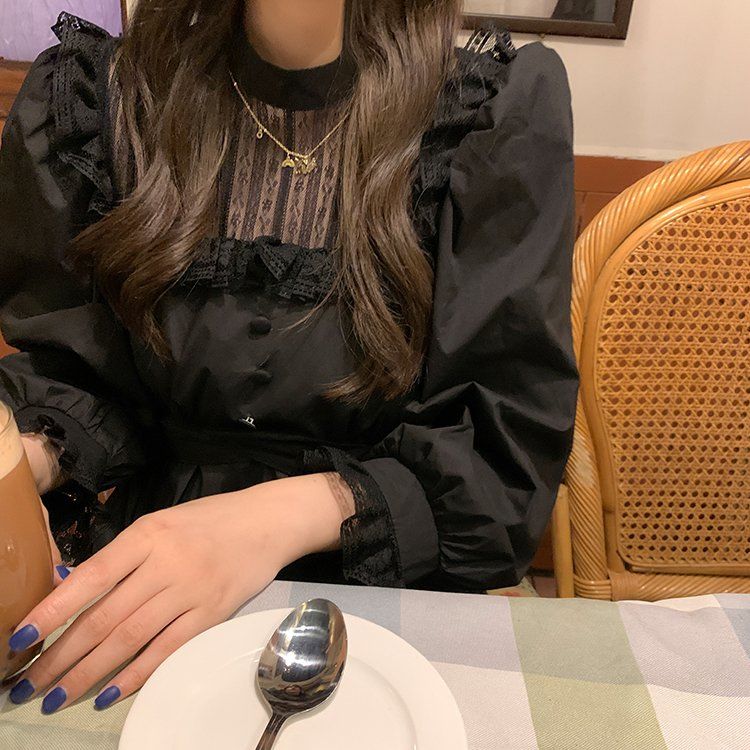 Autumn Gothic Black Lace Dress Women Casual Elegant Party Midi Ruffle Long Sleeve Dress Emo Y2k Goth Clothes