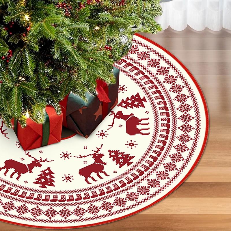 VIKAMA Red Christmas Tree Skirt Reindeer Pine Branches Snowflake Silhouette Christmas Tree Skirt Cushion Christmas Decoration