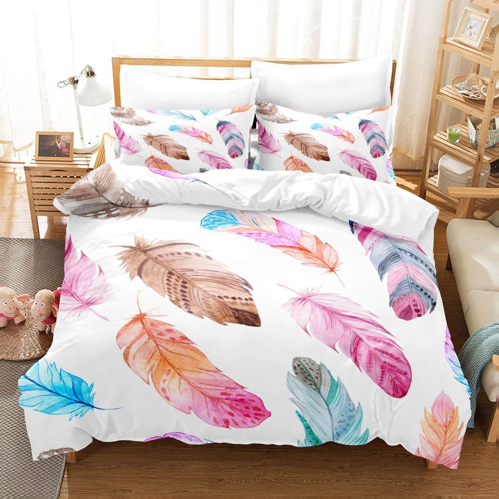 Home Bedding Set Feather Pattern Quilt Cover and Pillow Cover Bedding Set AU/EU/US Full Size Bedding Set