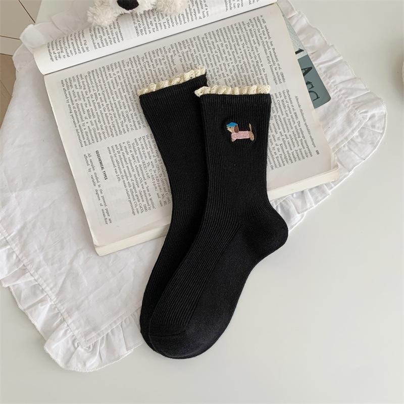 

Мультяшные носки из кружева с вышивкой щенка для женской осени и зимы, носки до середины икры из чистого хлопка, модные махровые носки 1 pair