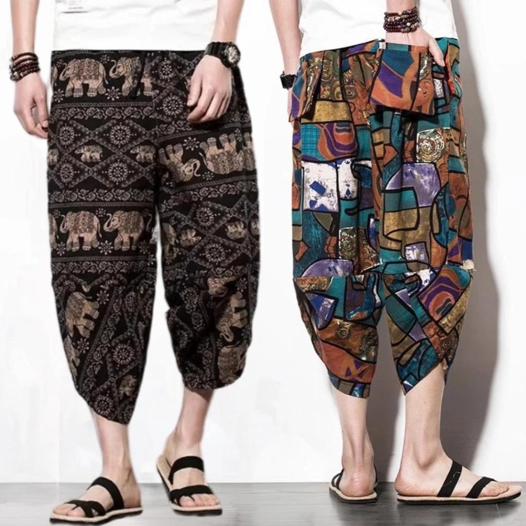 Spodnie Słonie Capri Rybaczki Regulowany Elastyczny Pasek Pasek Kobiety Mężczyźni Unisex Nadruk Tajlandia Casual Streetwear Plaża Lato Bohema Retro Vintage