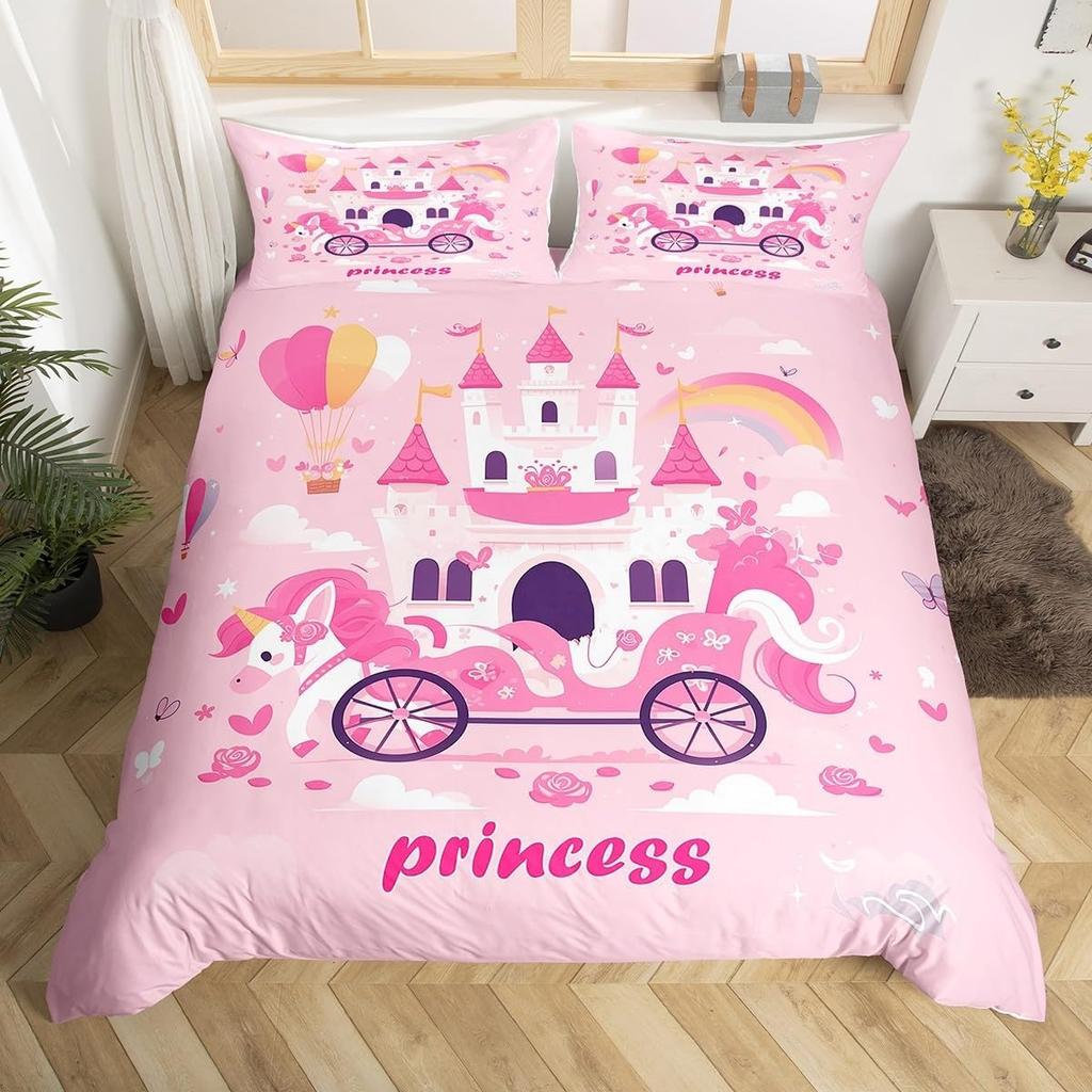Princess Castle Bedding Set Cartoon Duvet Cover Pillowcase Girl Pink Quilt Cover for Children Gift Single Double Large Size