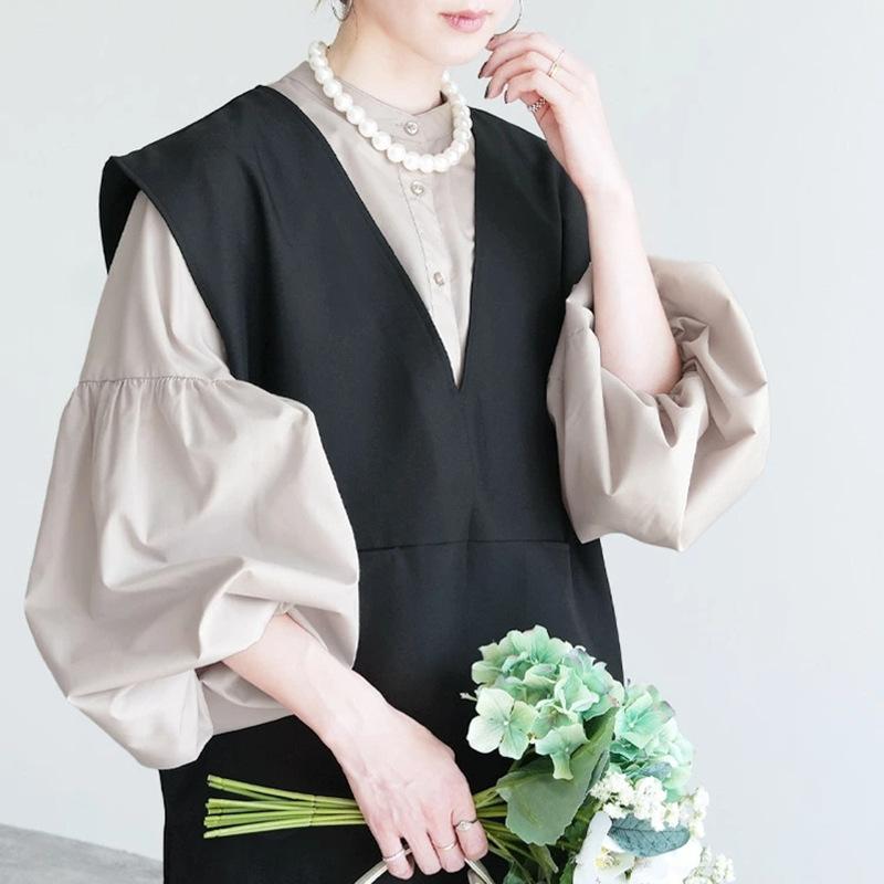 Japanese ins Women's Shirt Bubble Sleeve Small Design Loose Solid Color Versatile Top Shirt