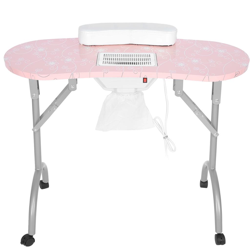 Pink Folding Manicure Table Station Salon Hand Pillow Nail Art Desk with Dust CollectorEU Plug 220V
